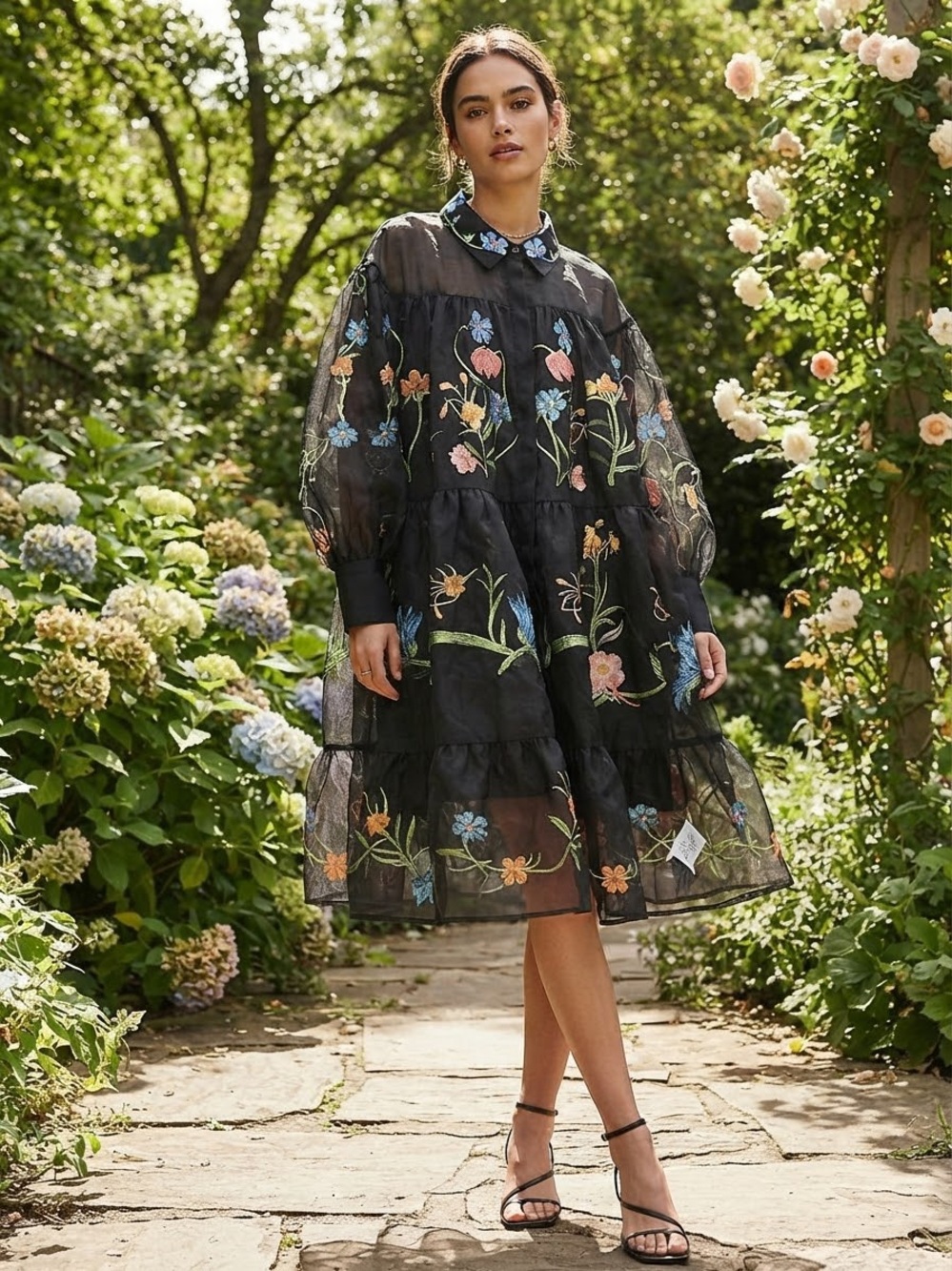 ASOS Curve Black Sheer Floral Embroidered Long Sleeve Tiered Dress